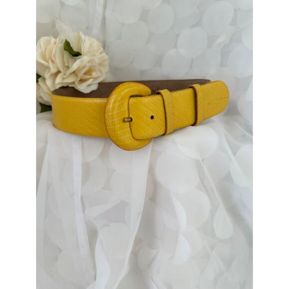 Vintage Donna Karen WIDE Leather Belt Mustard Gold Lizard Embossed Small ITALY - Picture 4 of 7